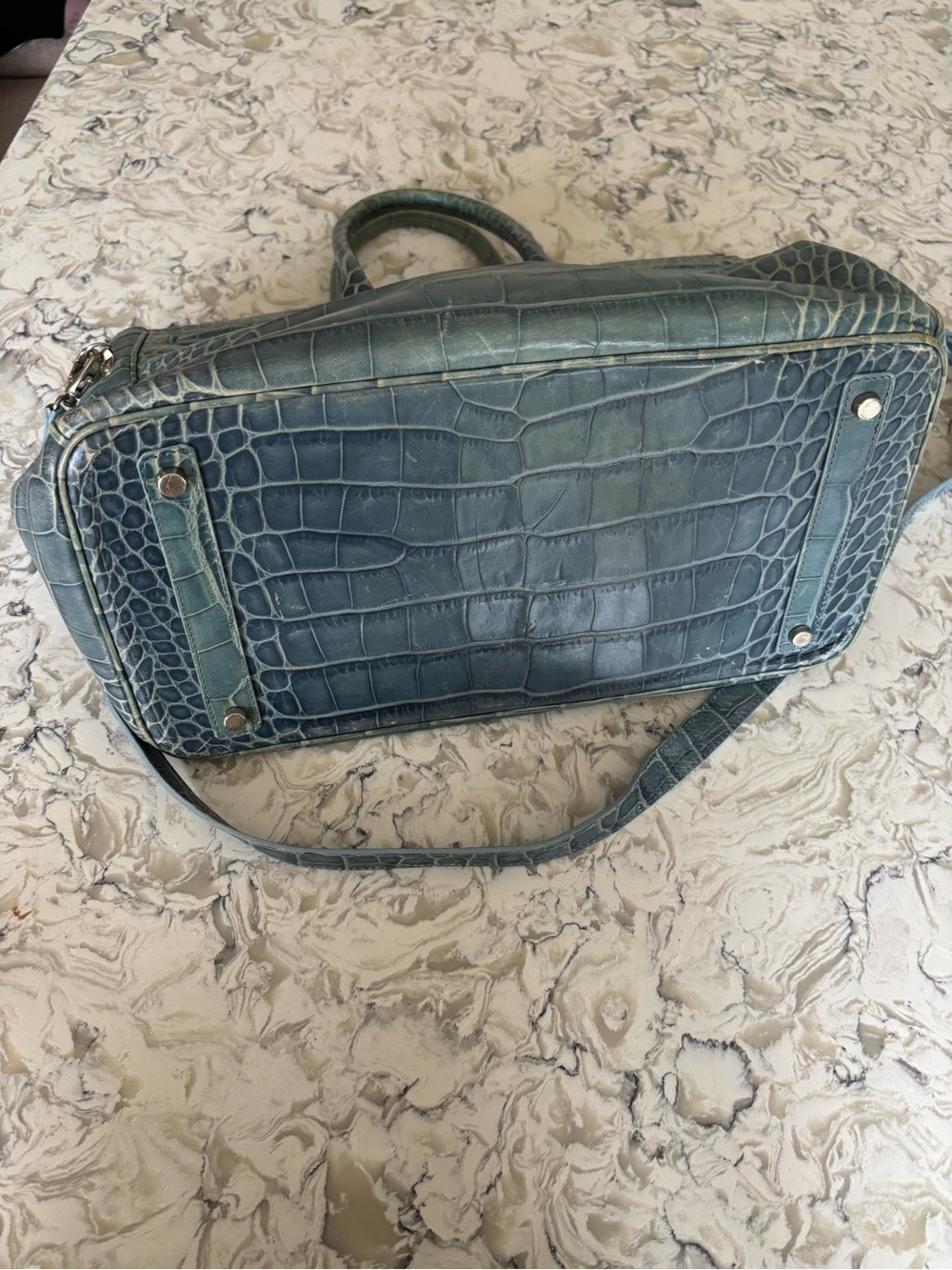 Birkin Designer-Style Croc Embossed Tote Bag in Teal Green - Picture 7 of 10